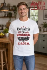Majica — Kuvanje je umetnost, osmeh je začin – Kuvar, boja bela