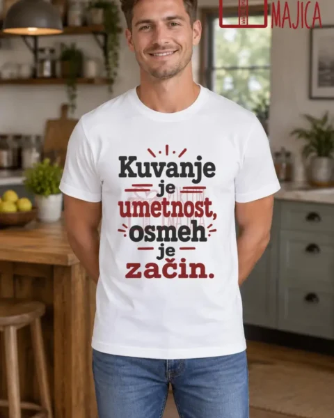 Majica — Kuvanje je umetnost, osmeh je začin – Kuvar, boja bela
