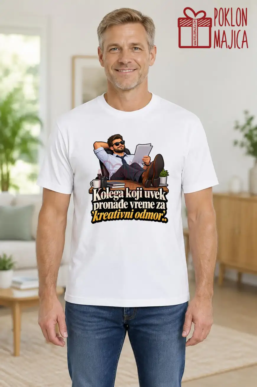 Majica — Kolega koji uvek pronađe vreme za 'kreativni odmor'. Majica — Kolega koji uvek pronađe vreme za ‘kreativni odmor’. – Kolega koleginica, boja bela