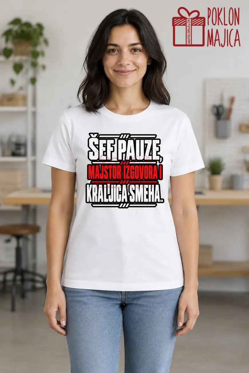 Majica — Šef pauze, majstor izgovora i kraljica smeha. Majica — Šef pauze, majstor izgovora i kraljica smeha. – Kolega koleginica, boja bela