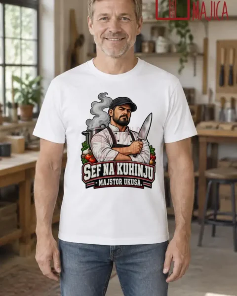 Majica — Sef na kuhinju – majstor ukusa – Kuvar, boja bela