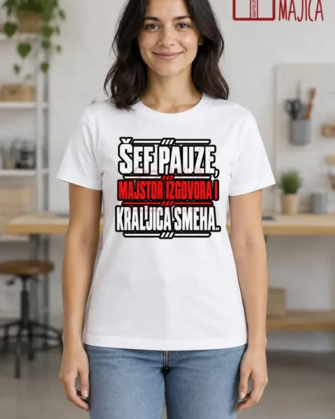 Majica — Šef pauze, majstor izgovora i kraljica smeha. – Kolega koleginica, boja bela